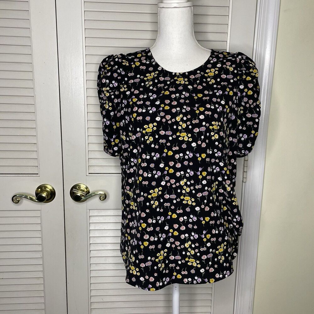Pleione Anthropologie Floral Top Size Medium Puff Sleeves Workwear Career Blouse